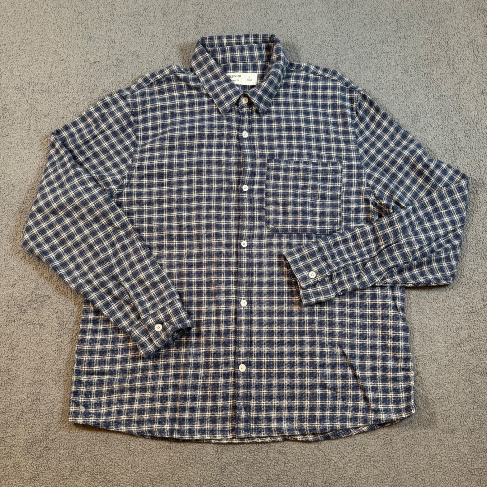 Hollister Mens Relaxed Fit Plaid Button Down Shirt Blue White Cotton Large